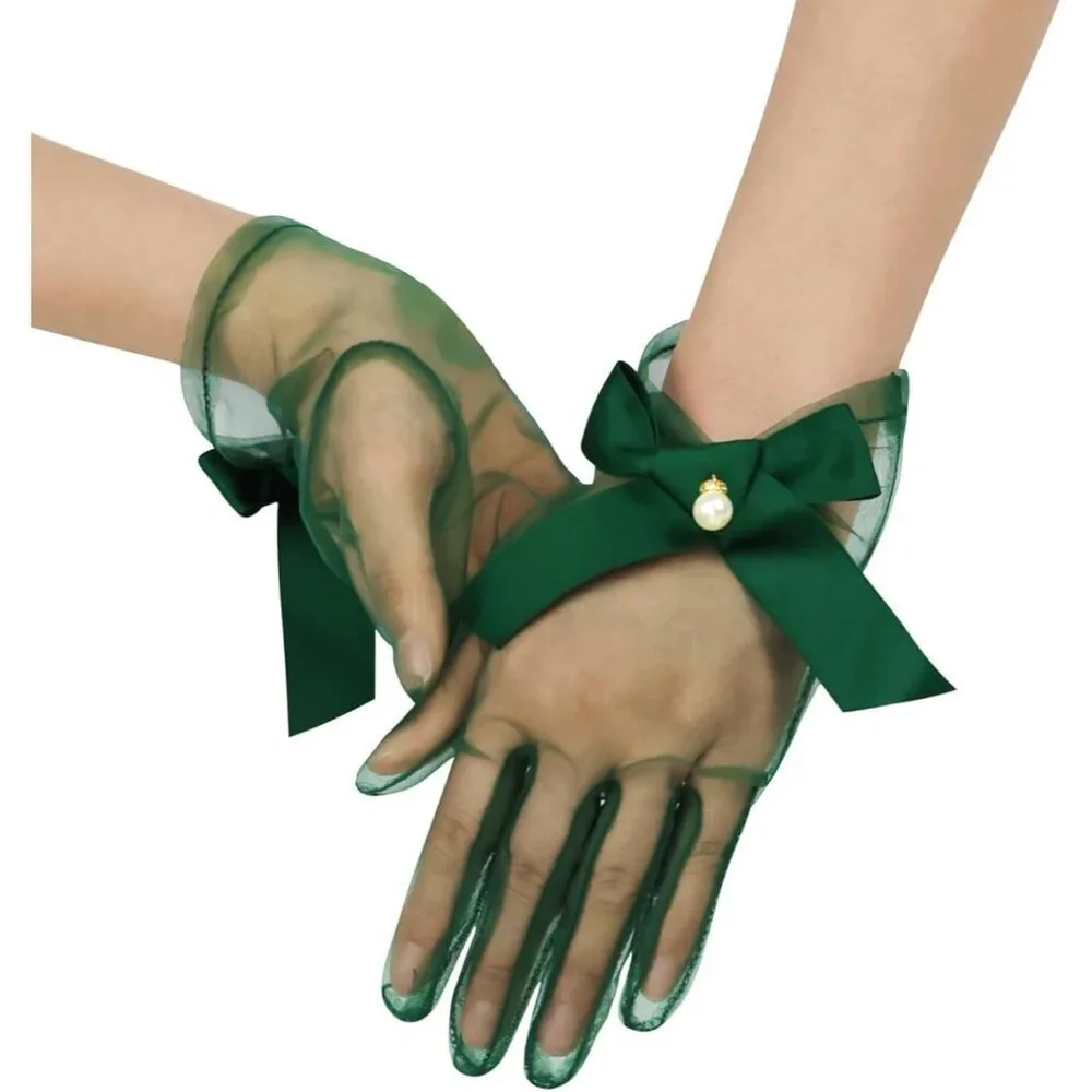 Women's Tulle Mesh Green Bow Pearl Short Gloves Hallowmas Wedding Accessory